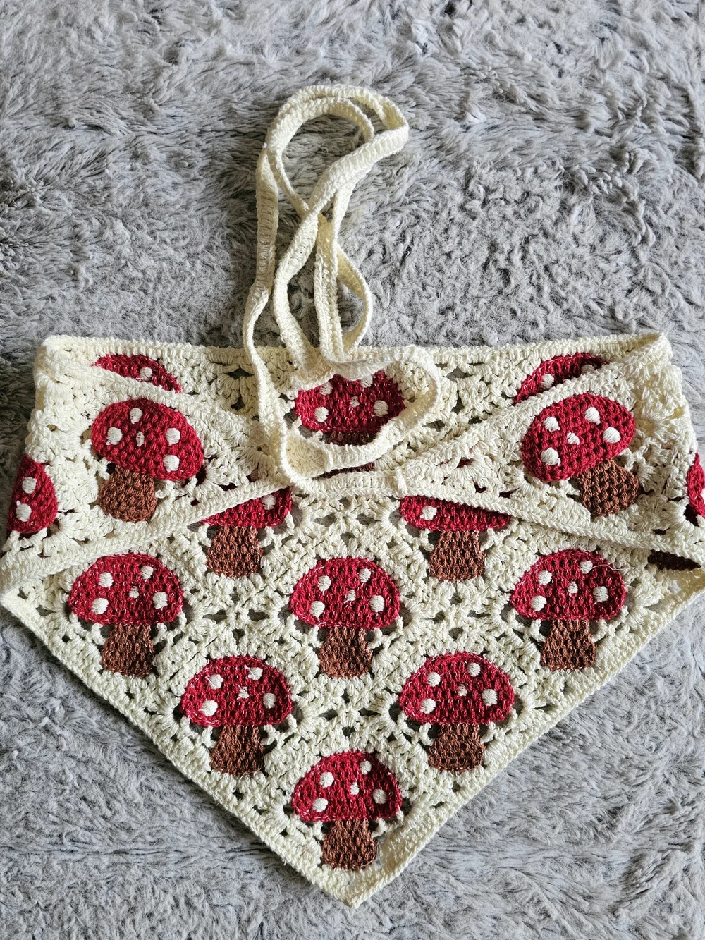 Crocheted Mushroom Bandana Hair Scarf - Red & Brown EUC